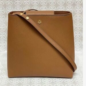 Tory Burch Small Emerson Bucket Bag Brown Cognac Saffiano Leather Crossbody